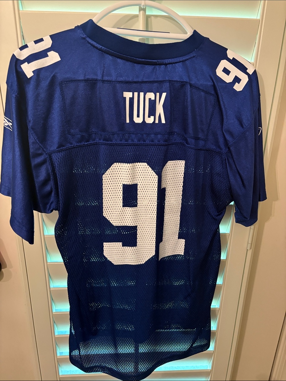 Tuck #91 New York Giant Football Reebok Blue Onfield NFL Mesh Jersey